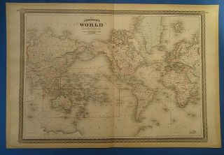 Vintage 1885 World Map Old Antique Johnson 