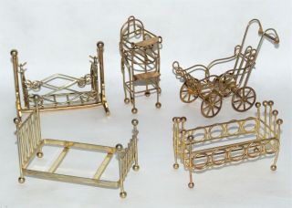 Vtg Brass Gold Wire Miniature Dollhouse Furniture Cradle Highchair Carriage Beds