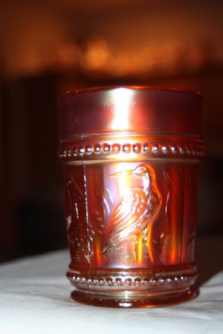 Antique Dugan 1913 Beaded Stork And Rushes Marigold Carnival Glass Tumbler