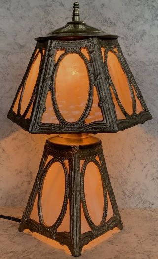 ANTIQUE ARTS & CRAFTS - MISSION SLAG GLASS LAMP - BRASS - SPELTER - - LIGHTED BASE 3