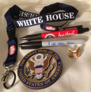 5 Trump = White House Lanyard,  Sharpie Pen Eagle Seal Pin & Magnet Maga Red