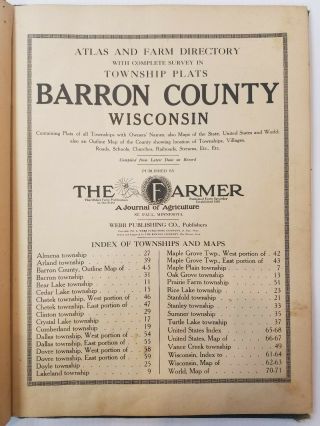Antique 1914 Atlas And Farmers Directory Of Barron County Wi Townships & Maps
