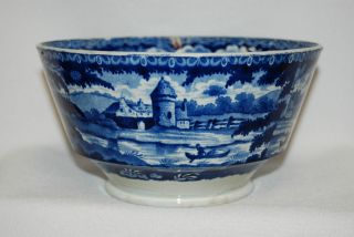 Antique 1830 ' s Historical Dark Blue Staffordshire Bowl - Ruin & Fishing Scenes 5