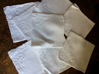Old Vintage Lace Table Napkins,  Set X 8,  Embroidery & Cut Lace Hand Worked,  42x42cm