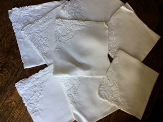 OLD VINTAGE LACE TABLE NAPKINS,  SET x 8,  EMBROIDERY & CUT LACE HAND WORKED,  42x42CM 2