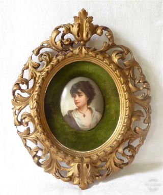 Quality Antique 19th C Portrait Miniature Painted On Porcelain Florentine Frame