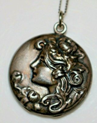 Antique Art Nouveau Sterling Silver Repousse Lady Locket -