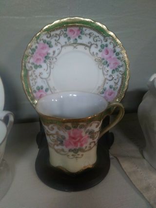 Antique Nippon Hand Painted Pink Blossom Flower Semi Demitasse Cup & Saucer Set