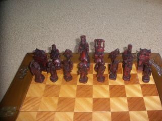Complete Antique Chinese Oriental Hand Carved Chess Set Folding Wood Box