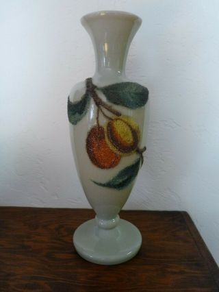 Antique Victorian Opaline Clambroth Bristol Art Glass Vase,  Coralene Hand Blown
