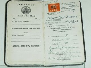 1941 Union Stamp Membership Book I.  A.  B.  S.  & O.  I.  W.  Iron Workers Trade Union
