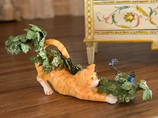 Vintage Miniature Dollhouse Artisan Marcy Jaffe Sneaky Kitty In Garden Porcelain