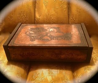 Arts & Crafts Style Hand - Hammered Copper & Wood 8 5/8 Inch Red Felt Lined Box