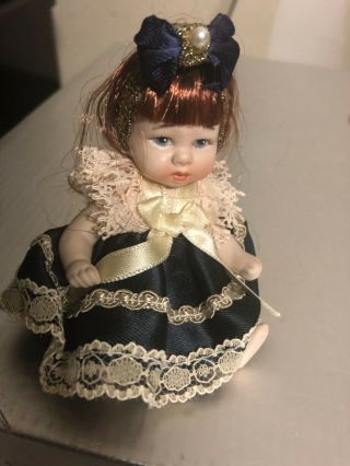 Vintage Miniature 4 " Porcelain Bisque Doll Dollhouse Red Hair Lace Blue Dress