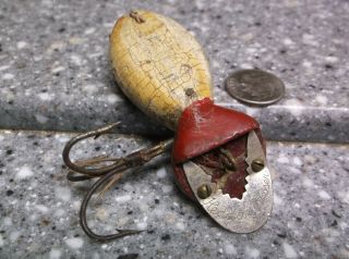 V12 Unknown Antique Fishing Lure Wooden Spider Red And White Metal Lip Old