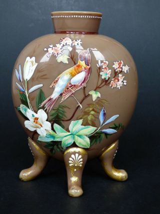 Victorian Glass Vase With Hand Painted Enamel Flowers & Bird Harrach Antique