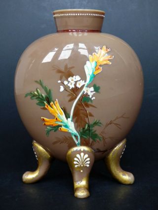 Victorian glass vase with hand painted enamel flowers & bird Harrach antique 3
