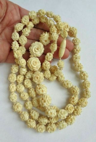 Antique 39 " Beige Color Detailed Graduated Flower Bead Necklace
