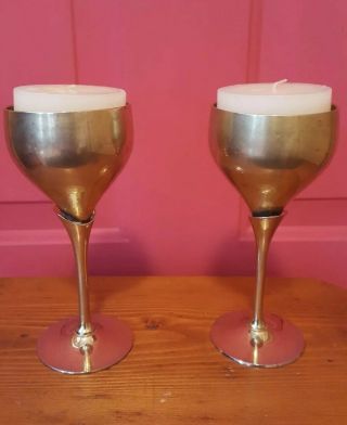 Set Of 2 Gold Coated Silver Plated Two Tone Stem And Cup Metal Wine Goblets