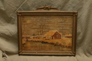 Vintage Antique Painting Winter Scene Period Gesso Cast Frame Jb Dupont