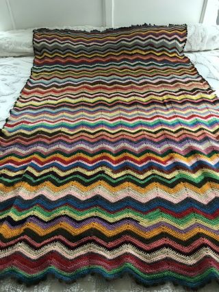 Vintage Afghan Blanket Crocheted Throw Chevron Stripes Boho 70s Retro Baby Yarn