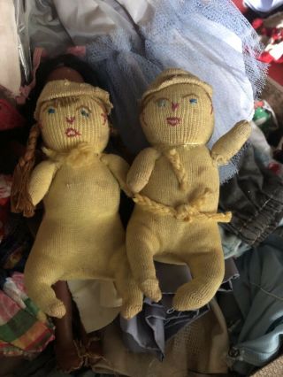 2 Vintage Small Handmade Sock Cloth Rag Doll Toy Primitive Folk Art