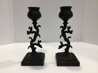 Antique Wrought Cast Iron Candlestick Candle Holders Squirrels