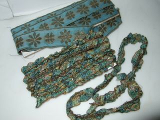 Antique Gold Thread Embroidered Silk Ribbon Trims Turquoise & Gold