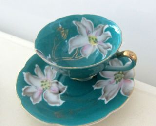 Antique Orion Occupied Japan Hand Painted Flowers Teacup Cup Saucer Green