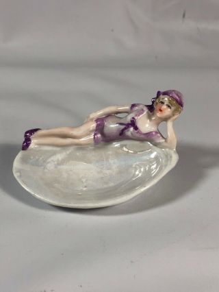 Antique Bathing Beauty Figurine Pin Dish Purple On Seashell 4027 Germany