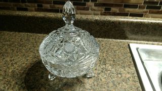 Vintage Clear Crystal Glass Footed Round Covered Candy Nut Dish Antique