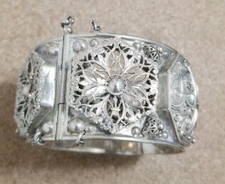 VTG Sterling Silver Old/Antique/Ornate Bangle/Bracelet w/safety chain - size 2