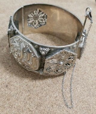 VTG Sterling Silver Old/Antique/Ornate Bangle/Bracelet w/safety chain - size 5