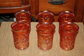 Antique Carnival Glass Tumbler Drinking Glasses 6 Cups Marigold Orange Color