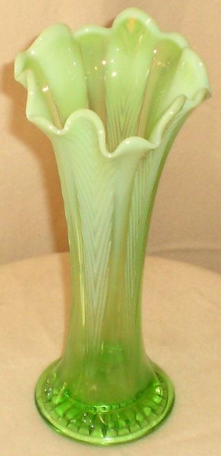 Antique Northwood Green Opalescent Feather Pattern Swung/stretched Vase