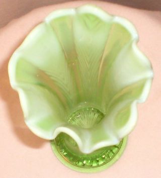 Antique Northwood Green Opalescent Feather Pattern Swung/Stretched Vase 3