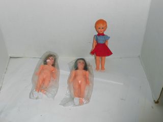 3 Vintage Plastic Small Dolls Made In British Hong Kong & Italy