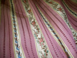 Antique French Floral Roses Stripe Lisere Brocade Cotton Fabric Rose Pink Blue