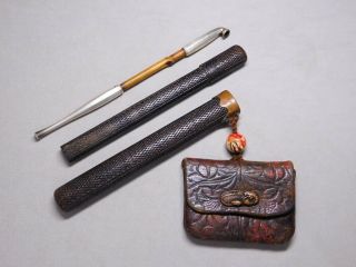 Shrimp Tobacco Pouch W Ojime Netsuke Pipe 19thc Japanese Meiji Inro Antique