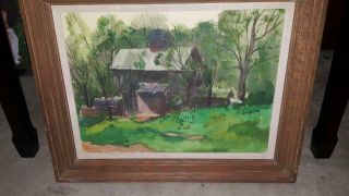 Antique Old Oil Painting Wooded Cabin Landscape Signed