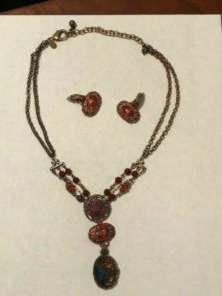 Chico’s Multi Strand Antique Gold Tone,  Reds Necklace And Pierced Earrings