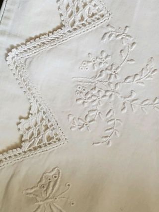 Antique Linen Hand Embroidered Pillowcase With Lace White On White