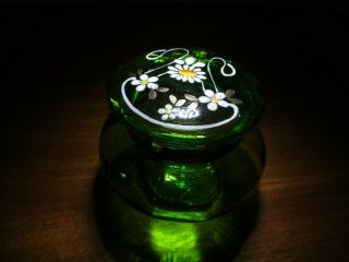Antique Green Art Glass Vanity Powder/jewelry Jar Hand Painted