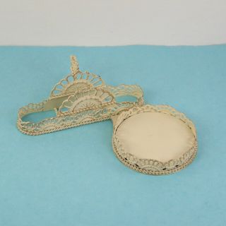 Teacup Cup & Saucer Display Stand Holder Ornate Lace Look Metal Antiqued Cream