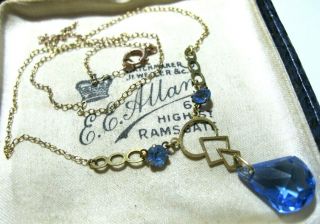 Vintage Antique Art Deco 9ct Gold Sapphire Blue Crystal Drop Necklace For Repair