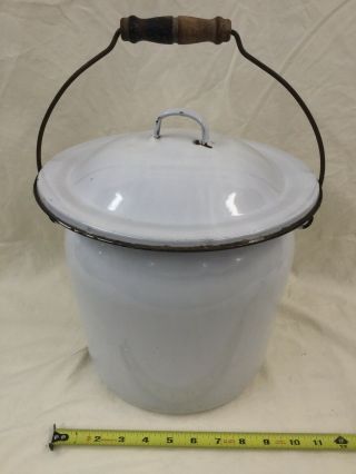 Vintage Porcelain Enamelware Bucket Pail With Handle And Lid White Black Trim