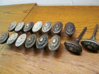 15 Old 1800 " S ?? Nickel Plated ? Chrome ? Oval Door Knobs.  Ornate " As Found "