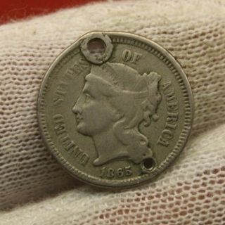 1865 Nickel Three Cent Piece X1278 Holed Civl War Era United States Antique 3c