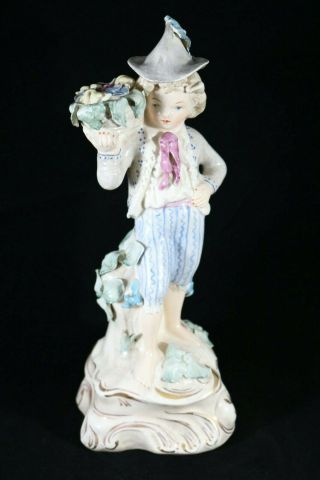 Vintage Porcelain Figurine Victorian Cordey Boy With Basket Of Flowers 10 Inch