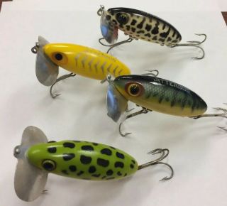 4 Vintage Fred Arbogast Jitterbug Yellow Perch Frog Coachdog Fishing Lures